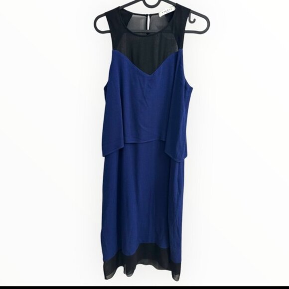 $375 Sandro Paris SILK Remy Marine Blue black Mini sleeveless Dress Size 2 / Med - Picture 4 of 7